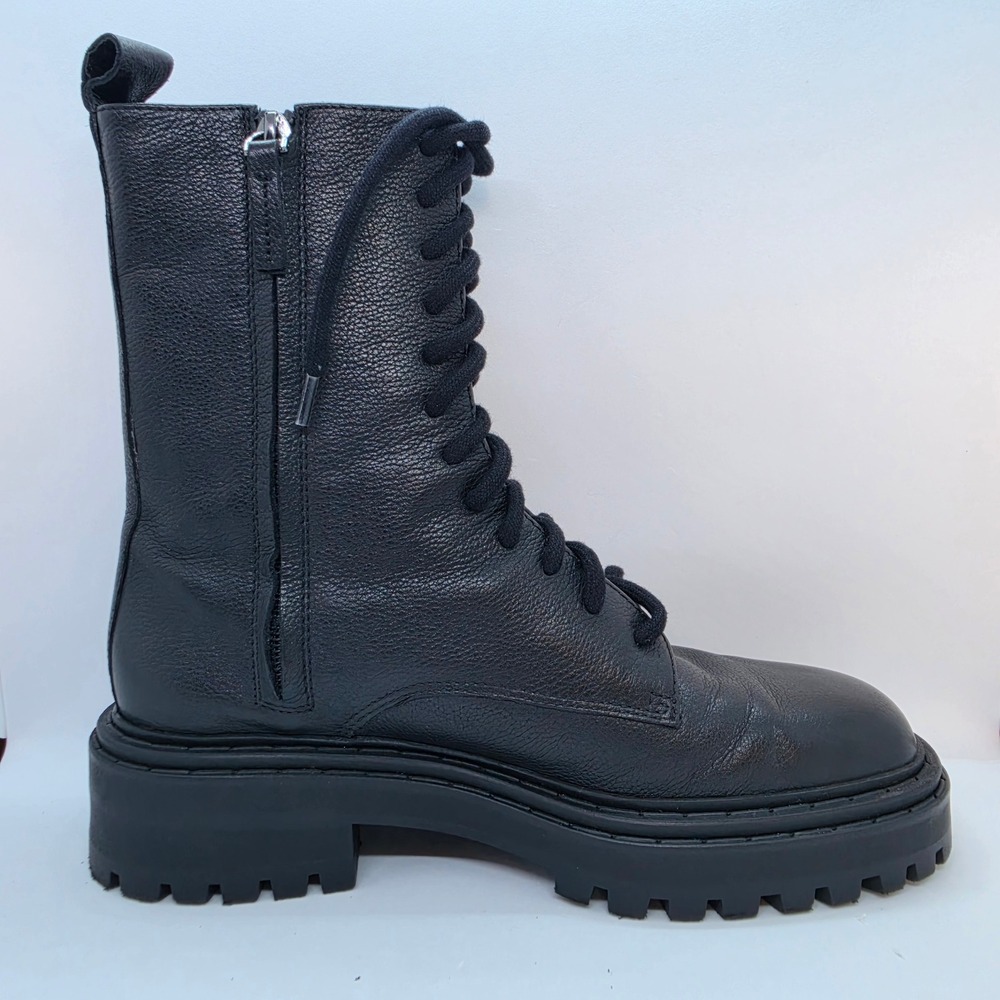 Massimo Dutti Black Leather Lace Up Combat Boots Side Zip Lug Sole 1102/850/800 - Picture 8 of 10
